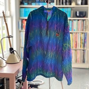 Vintage 80s crackle-dyed neon rainbow windbreaker, surf style